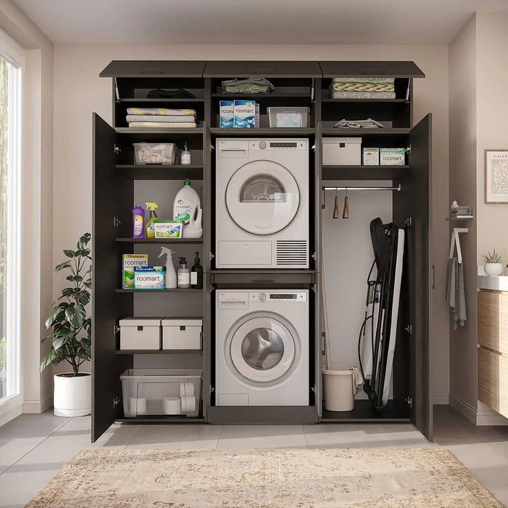 Roomart Waschmaschinenschrank - DORA-I- 190 cm breit - Wasch- & Trocknerschrank mit 2 Hochschränken, Türen & Ausziehbrett, Waschmaschinen-Überbau für Waschküche & Hauswirtschaftsraum • Schwarz-Eiche – Bild 4