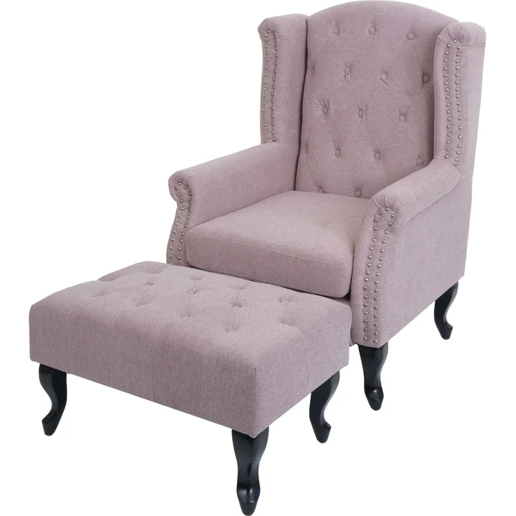 Sessel Chesterfield, Relaxsessel Clubsessel Ohrensessel, wasserabweisend Stoff/Textil ~ hellrosa mit Ottomane – Bild 9