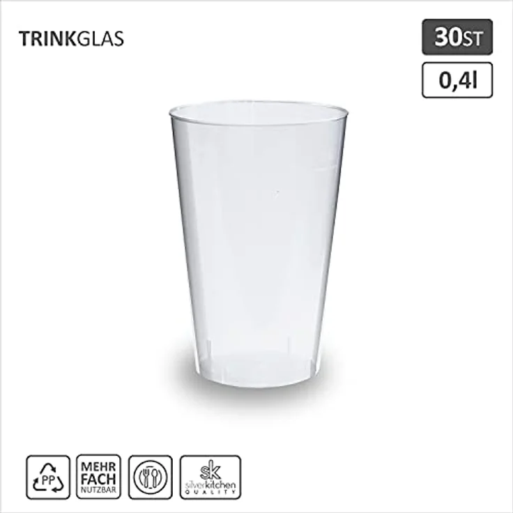 Silverkitchen 30 Trinkbecher 400ml - bruchsichere Mehrwegbecher wiederverwendbare Partybecher Longdrinkgläser transparent aus PP Plastik Made In Germany – Bild 2