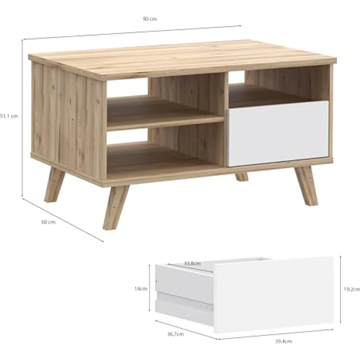 Forte VANNKA Couchtisch 90, Tisch mit offenen Fächern und Schublade, Holzwerkstoff, Planked Eiche Dekor/Weiß, 90 cm breit, 51,1 cm hoch, 60 cm tief – Bild 3