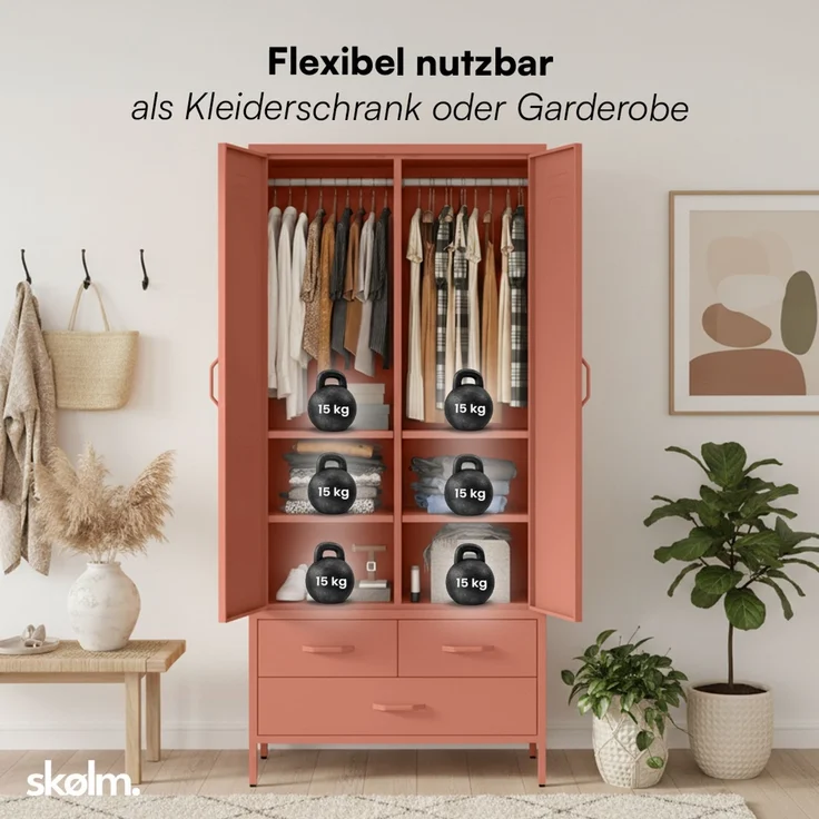 skølm 'Atria' Kleiderschrank mit 3 Schubladen, Metall, 170x45x80 cm, terrakotta, Garderobe mit 4 Fächern und 2 Kleiderstangen – Bild 6