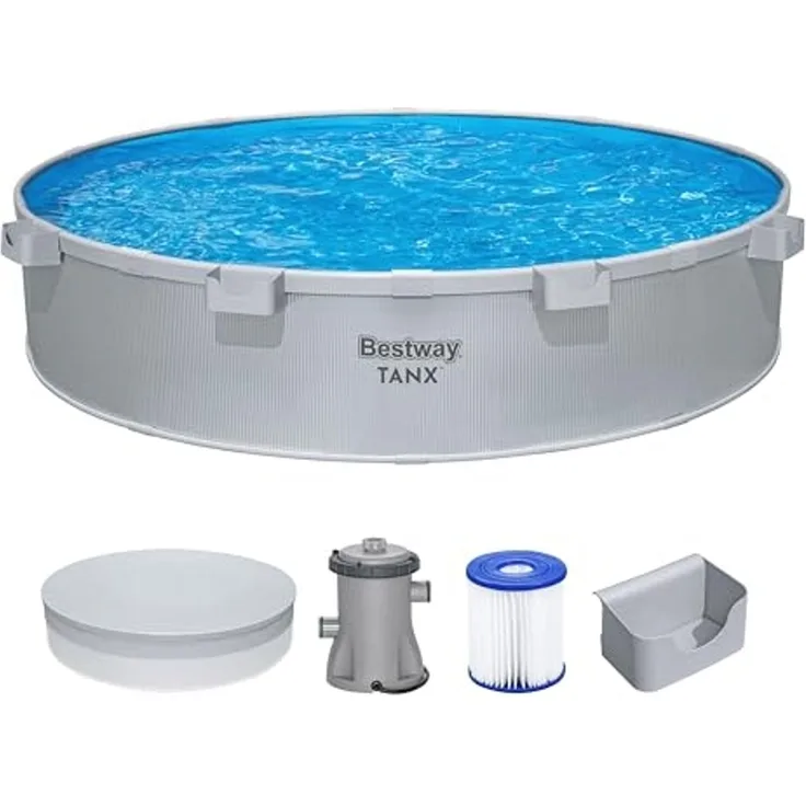 Bestway® Tanx™ Stahlwandpool-Set mit Filterpumpe Ø 305 x 61 cm Grau rund