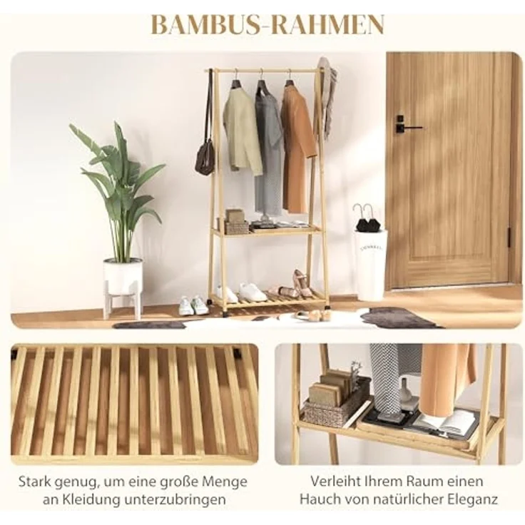 HOMCOM Garderobenständer mit 2 Regalen und 4 Rollen, (Kleidungsständer, 1 St, Kleiderständer mit Schuhregal), für Flur, Wohnzimmer, Schlafzimmer, Naturholz – Bild 5