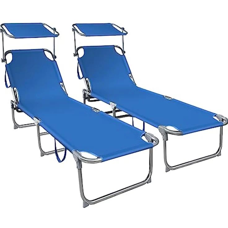 VOUNOT 2er Set Sonnenliege mit Dach, Klappbare Strandliege, Gartenliege Liegestuhl, Sonnendach und Rückenlehne Verstellbar, 190 x 58 x 27 cm, Blau – Bild 1