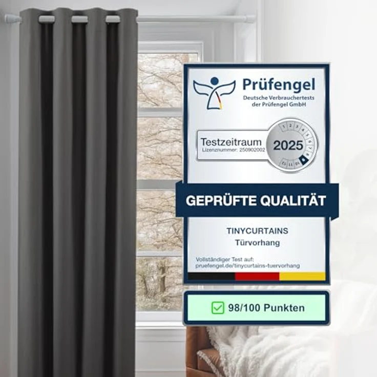 tinycurtains Türvorhang mit Stange weiß 55-90 cm ohne Bohren, Thermo Vorhang Tür, Ösen, abdunkelnd, Polyester, blickdicht, Anthrazit Nebula, Türgardine mit Klemmstange verdunkelnd – Bild 5