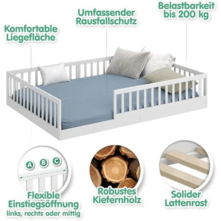 CADANI Kinderbett CADANI Timi Kinderbett Montessori Bodenbett (abnehmbarer Rausfallschutz), integrierter Lattenrost – Bild 7