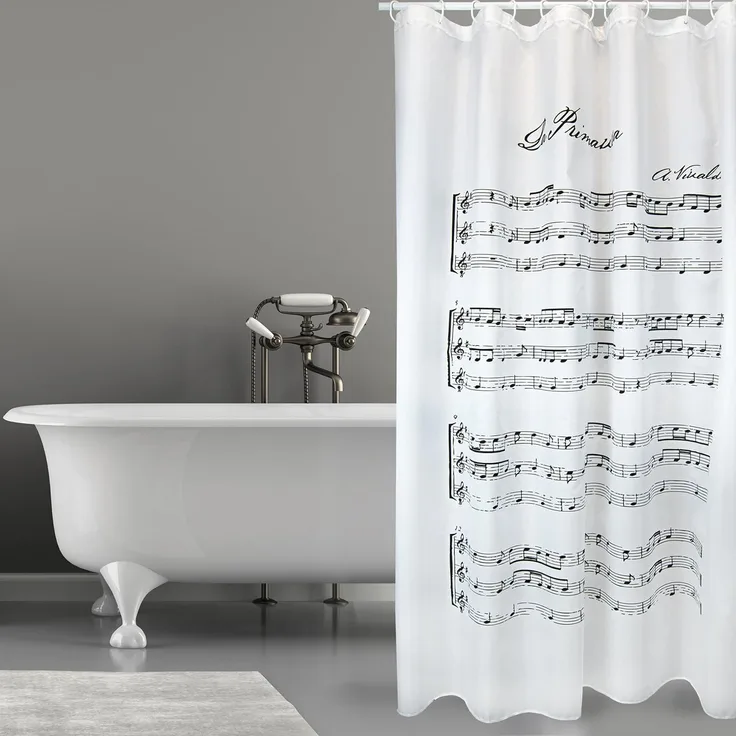MSV Duschvorhang VIVALDI Breite 180 cm, Premium Anti-Schimmel Textil-Duschvorhang, Polyester, 180x200 cm, waschbar, weiß, Motiv "Vivaldi"