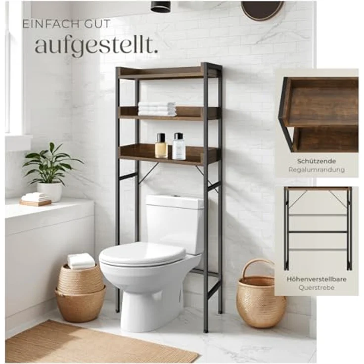 tectake Badezimmerregal mit 3 Ablagen, Badregal, Waschmaschinenregal, Industrial Design, Überbauschrank, Regal für Waschmaschine, Toilettenregal, WC Regal, 67 x 25 x 165 cm - Industrial Dunkelbraun – Bild 7