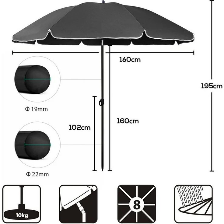 Sekey Sonnenschirm Ø 160 cm Balkonschirm Rund Strandschirm Sonnenschirm mit Schutzhülle, LxB: 160,00x160,00 cm, Neigungswinkel verstellbar, Höhe verstellbar, mit Tragetasche – Bild 3