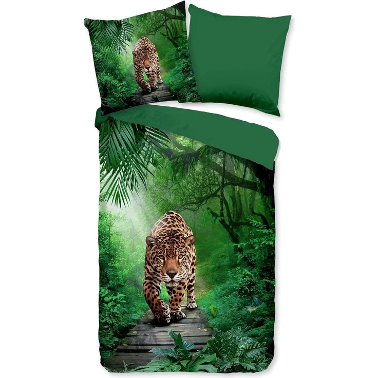 JACK Bettwäsche 135x200cm Amazonas Dschungel Jaguar, Microfaser, 2 teilig, in erfrischendem Grün – Bild 1