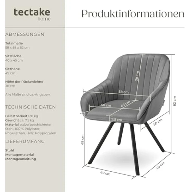 tectake Esszimmerstuhl Drehbarer Armlehnstuhl (1er Set, 1 St), gepolstert, in Samtoptik – Bild 2