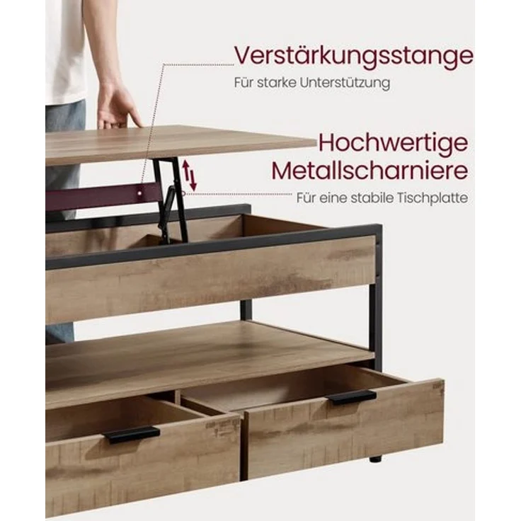 Vasagle Couchtisch, höhenverstellbarer Wohnzimmertisch, Kaffeetisch, mit Schubladen, offenes Fach,50x100 x (48-63)cm， kamelbraun-schwarz – Bild 5