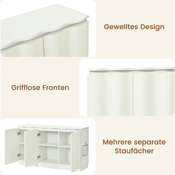 Flieks LED Sideboard, Wellenfront 3 Türen, verstellbaren Einlegeböden, 120 x 39.5 x 69.5 cm, Weiß – Bild 7