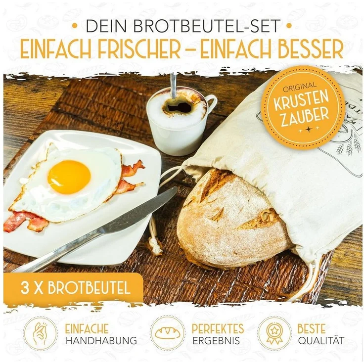 Krustenzauber Brottasche Leinen Brotbeutel im 2er oder 3er Set zur Brotaufbewahrung, (3-tlg) – Bild 2