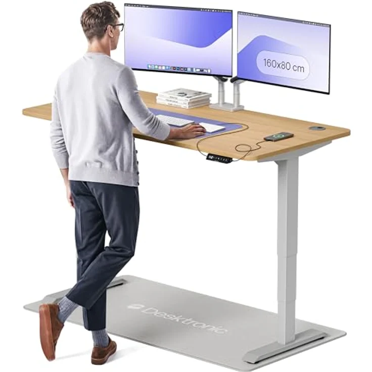 Höhenverstellbarer Schreibtisch - Höhenverstellbar Elektrisch mit Flüsterleisem Dual-Motor & Touchscreen - Hohe Tragfähigkeit - Stehtisch von Desktronic, Grau + Eiche, 160x80 cm – Bild 2