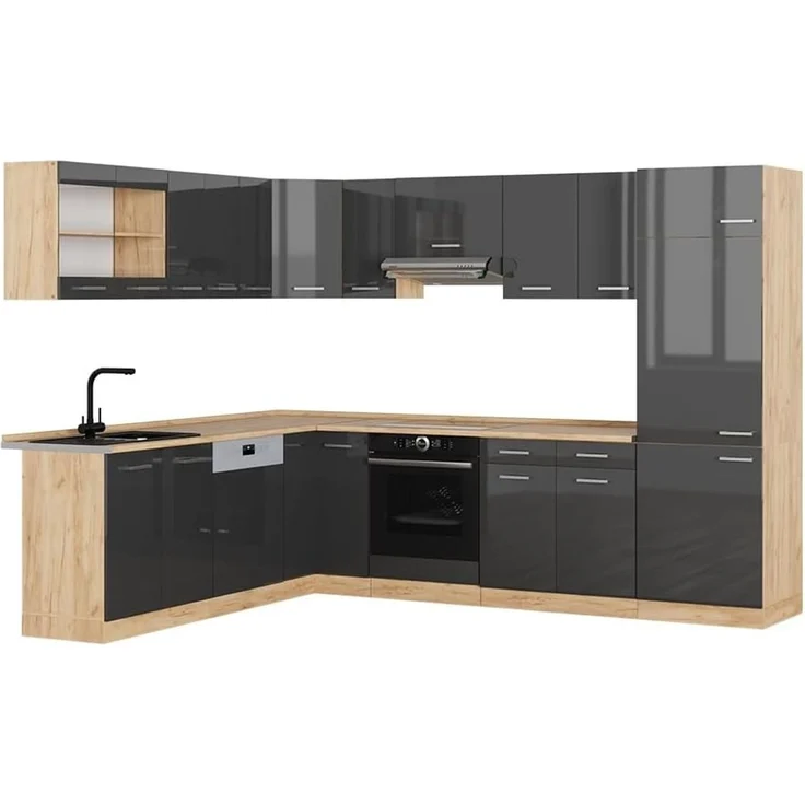 Eckküche R-Line Anthrazit Hochglanz/Goldkraft Eiche 287 x 227 cm ohne Arbeitsplatte Vicco – Bild 1