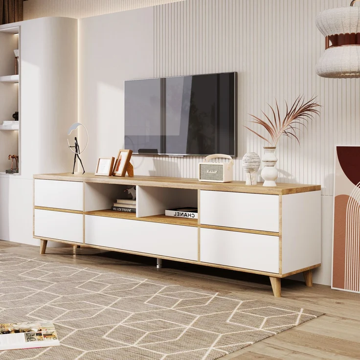 Modernes TV-Gerätemöbel - 175x37x51cm in Weiß & Holz mit praktischem Stauraum, 175 x 37 x 51 cm, Holzoptik+Weiß – Bild 7