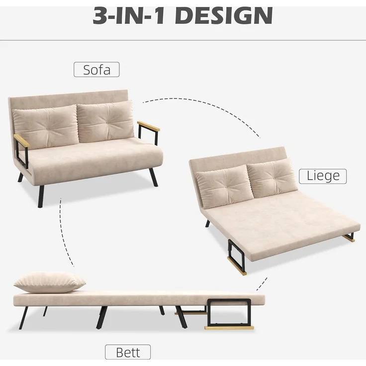 HOMCOM Schlafsofa Relaxsessel mit Bettfunktion, Klappsofa mit Samtoptik, Polstersofa 1 Teile, mit Verstellbarer Rückenlehne, Beige, 102 x 73 x 81 cm – Bild 4
