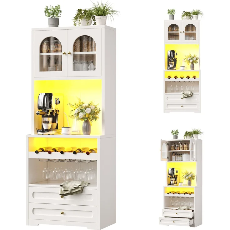 Hochschrank mit Glastüren, LED-Beleuchtung & Weinregal, 140x40x180 cm, Weiß – Bild 3