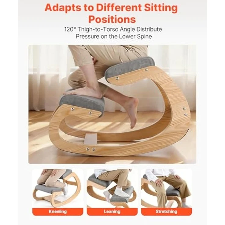 VEVOR Ergonomischer Kniehocker mit Dicken, Integrierten Schaumstoffpolstern & Stabilem Massivholzrahmen, Kniestuhl zur Entlastung von Nacken und Rücken, Ideal für Zuhause, Büro oder Meditation, Grau – Bild 6