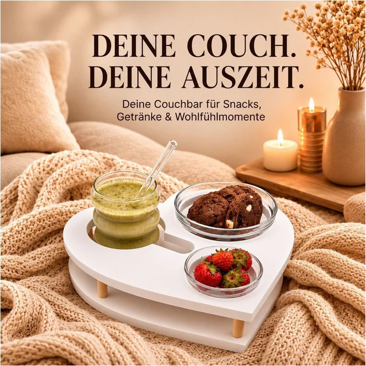 PEGSEN Servierplatte Couchbar Herz aus Holz mit Getränkehalter & 2 Snackschalen, Birkenholz, (Geschenkset, 3-tlg, lebensmittelechte Glasschalen, Snackbox, Sofa Tablett), alles steht stabil & sicher, perfekte Geschenkidee – Bild 2