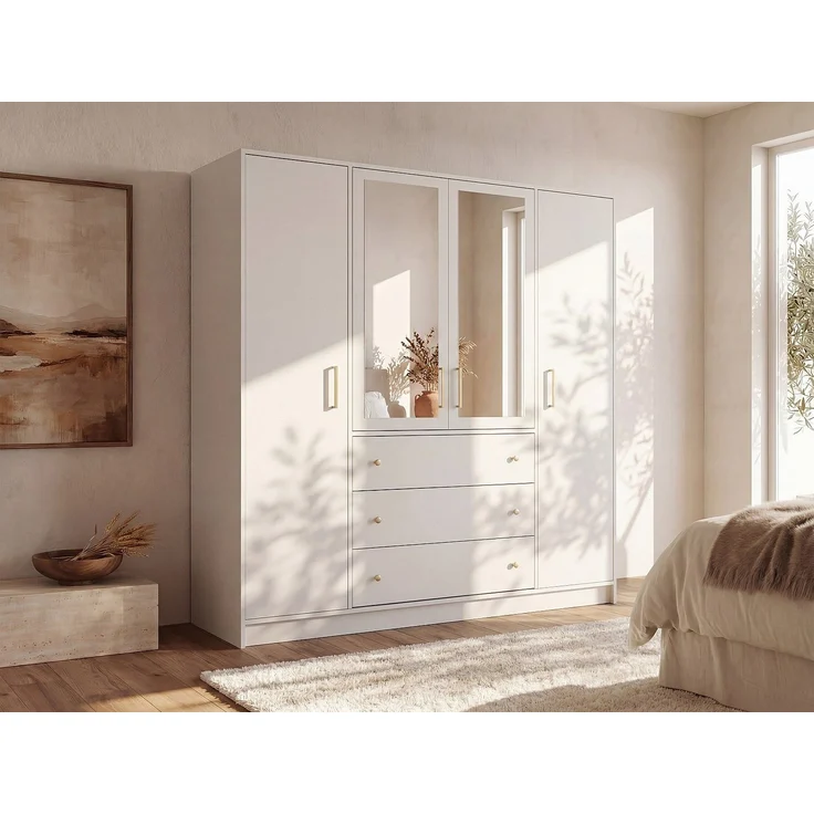 Vente-unique - Kleiderschrank mit 4 Türen & 3 Schubladen - Mit Spiegeln - 196 cm - Weiß - LIZANDRO – Bild 2