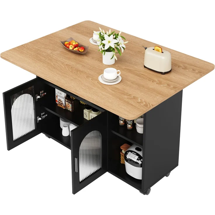 Merax Kücheninsel,Modernes Küchensiland, Küchenschrank, Abnehmbare Servierwagen buffetschrank, Speisewagen mit Holzmaserung, buffetschrank, Multifunktionale Esstisch mit Speicherraum, Schwarz – Bild 9