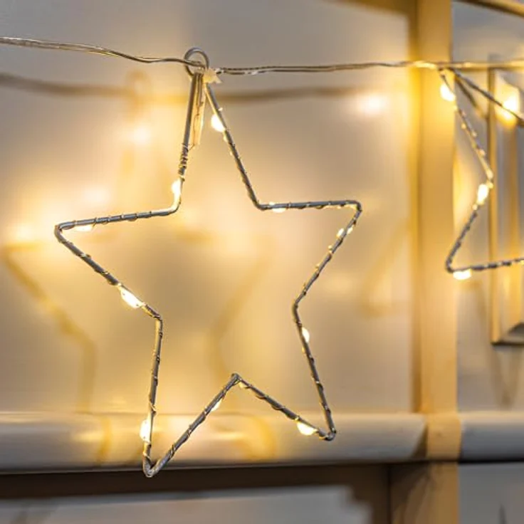 Spetebo LED-Lichterkette Lichterkette mit 8 LED Sternen warm weiß - 200 cm, 80-flammig, Weihnachts Deko Beleuchtung Batterie betrieben – Bild 3