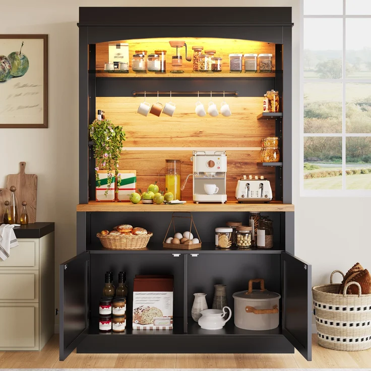 Küchenschrank, hoher Küchenschrank (107x43x184 cm), Vitrine, Anrichte, Anrichte mit LED-Beleuchtung, offenes Regal, schwarz--Schwarz--116.48x46x22.99cm--YOUDENOVA – Bild 2