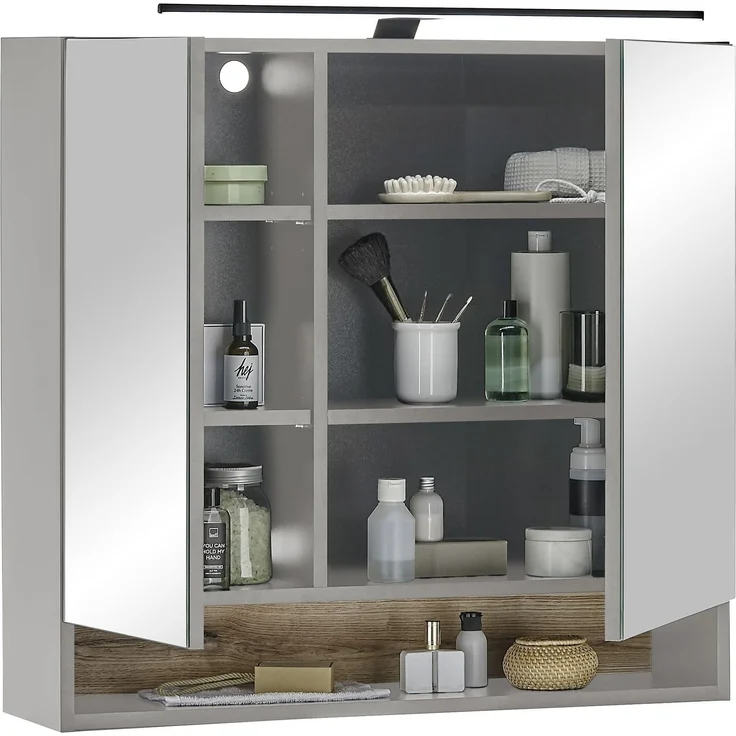 Badezimmerspiegelschrank >Denver< LED, Steckdose, grau matt / evoke eiche Dekor - 80x75x22 (BxHxT) – Bild 2