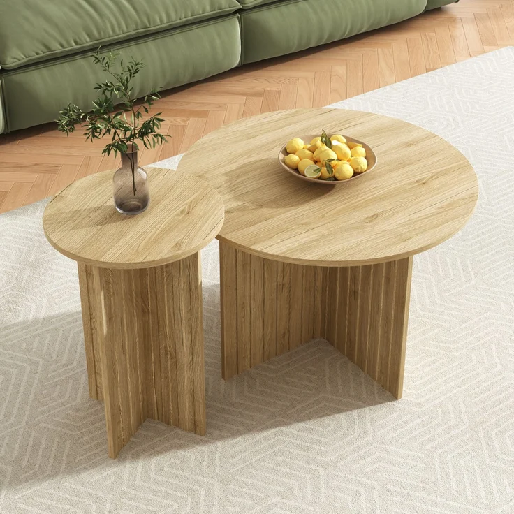 Merax 2-teiliges Holz-Nest-Tisch-Set – Runde Couchtische & Kaffeetische im skandinavischen Design, Holzfarbe – Bild 3