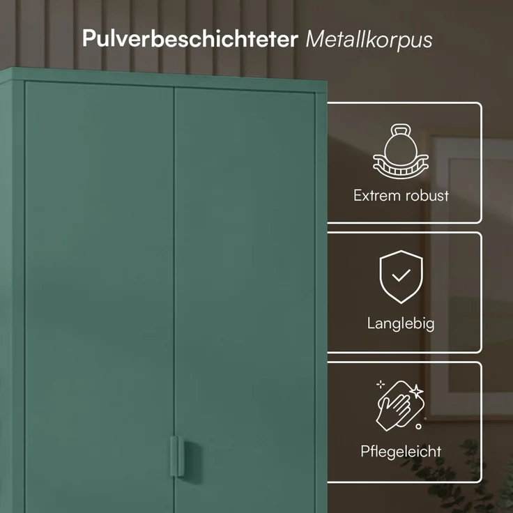 skølm 'Ituri' Kleiderschrank, Metall, 170x45x80 cm, dunkelgrün, Garderobe mit 4 Fächern und 2 Kleiderstangen – Bild 4