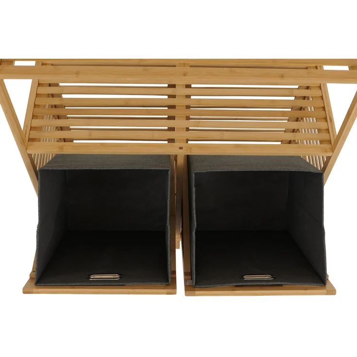 Bambus-Badezimmerschrank HWC-N83, Regal Badschrank, 2 Wäschekörbe 4 Regalböden MVG 168x81x33cm ~ natur, Korb grau – Bild 5