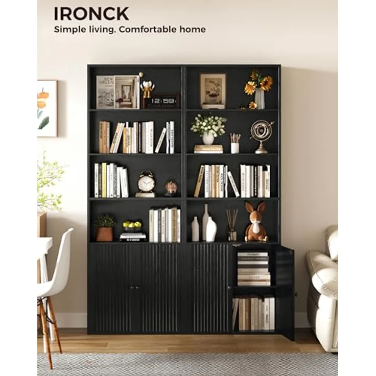 IRONCK Bücherregal mit Türen, Standregal mit 6 Ebenen, Holz Regal mit Türen, Bücherschrank, offenes Aufbewahrungsregal für Arbeitszimmer, Büro, Wohnzimmer, Schlafzimmer 180 x 60 x 23.5 cm (schwarz) – Bild 4