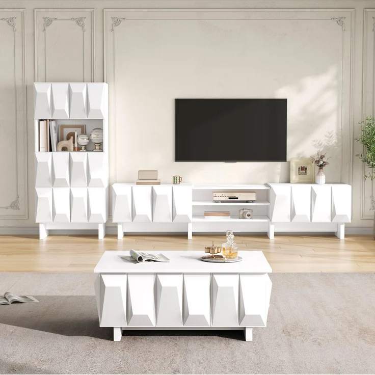 DESVIAE Fernsehschrank Wohnzimmermöbel-Set 3-tlg. Weiß aus Spanplatte – 180x44,5x34 cm – 3D-Front, Stauraum – Bild 3