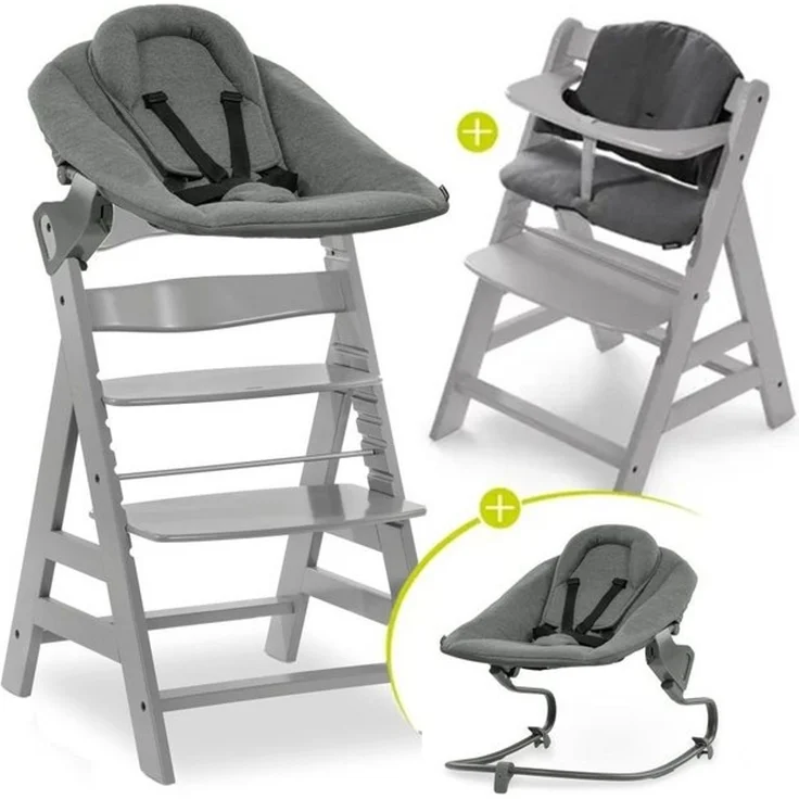 Hauck Hochstuhl Alpha Plus Grey Newborn Set, Holz Babystuhl ab Geburt inkl. Aufsatz für Neugeborene & Sitzauflage – Bild 4