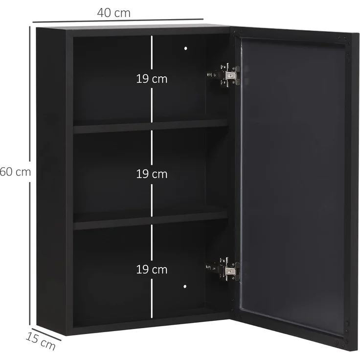 Kleankin Spiegelschrank Badspiegelschrank mit 3 Schichten (Hängeschrank, 1-St, Wandschrank für Badezimmer) Edelstahl, Schwarz, 40 x 15 x 60 cm – Bild 2