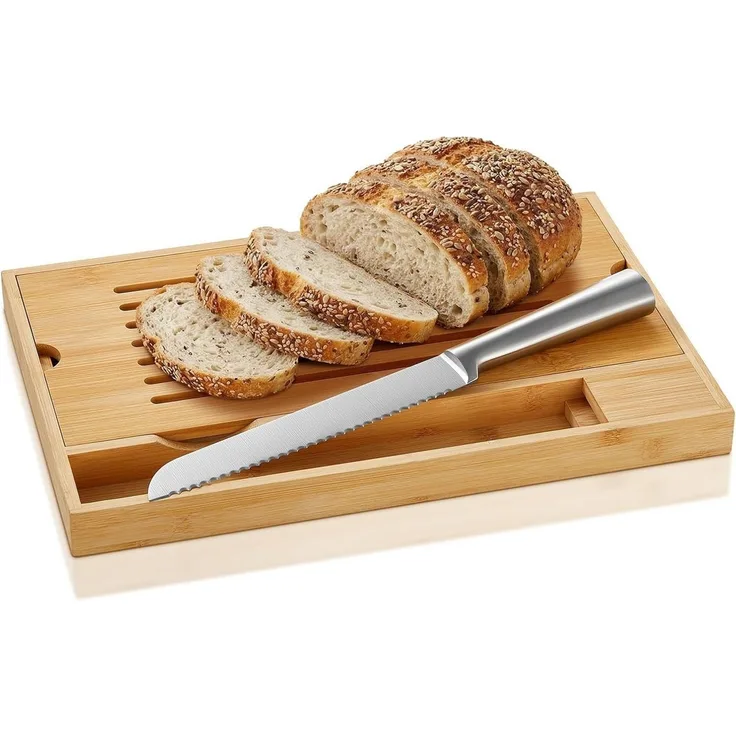 FOHERE Brotschneidebrett mit Messerhalter (inklusive Brotmesser) und Krümelschublade, Naturbambus, (1-St), 33.5x24.8 cm, geeignet zum Schneiden aller Brotsorten