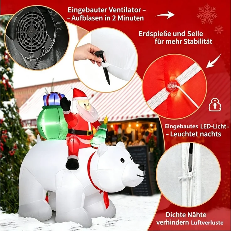 VINGLI Weihnachtsfigur Wetterfest, Weihnachtsdeko Aufblasbar für Innen & Außen, 180 cm Aufblasbarer Weihnachtsmann auf Eisbär – 7 LEDs – Bild 4