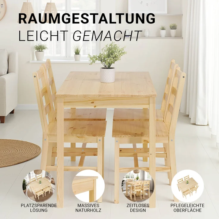 Esstisch mit 4 Stühlen Set Essgruppe Holz Kiefer Natur Esszimmertisch 108x65 cm Küchenstühle Massiv Landhausstil – Bild 7