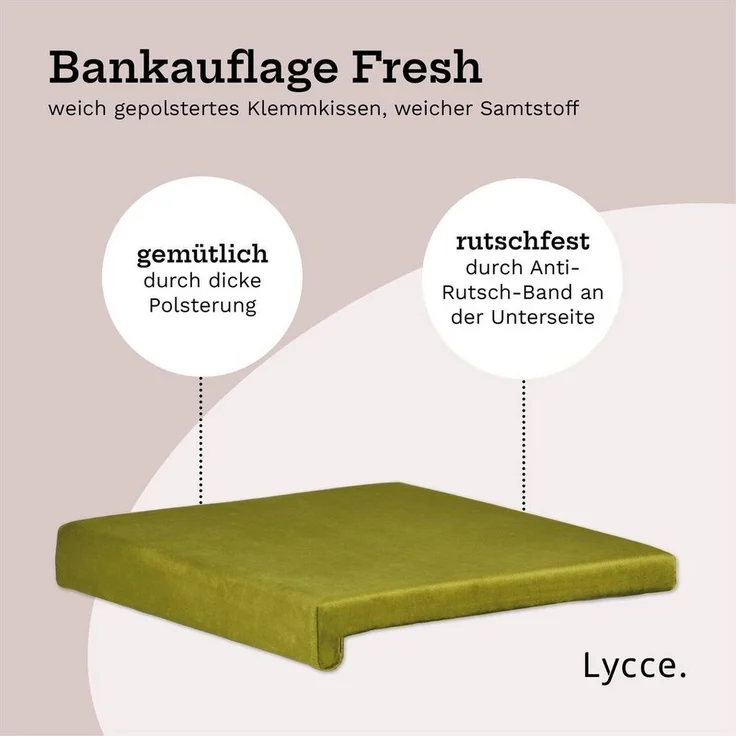 Lycce Bankauflage Klemmkissen, Sitzkissen mit 1 Leiste, 40cm breit - 35cm Klemmtiefe, (1 St), weich gepolstert, verrutscht nicht, edle Optik Samt senf olive – Bild 2