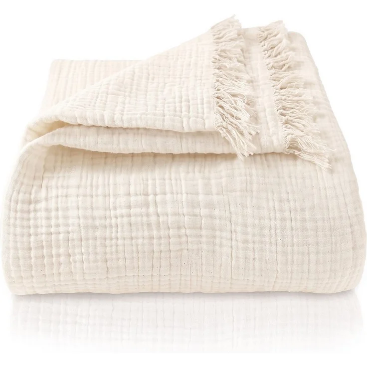 Laynenburg Tagesdecke Musselin mit Fransen aus 100% Baumwolle – Baumwolldecke, Wohndecke als Sommerdecke, Bett-Überwurf, Sofa-Decke, Kuscheldecke – Bild 1