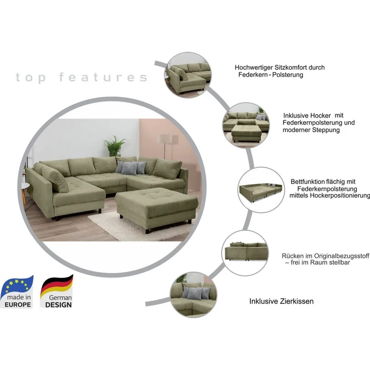 OTTO home Wohnlandschaft Antonia U-Form, B: 298 cm, Wohnlandschaft, Rückenkissen, 2 ottomane, Komfortablem Bonnelfederkern – Bild 3