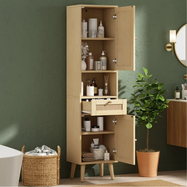 Flieks Badkommode schmal Hochschrank mit Rattan-Türen und Schubladen, Massivholzbeine (Türanschlag rechts oder links wechselbar, 1 St, 40×30×166 cm), Badezimmerschrank Multifunktionsschrank Soft-Close-Funktion Natur – Bild 3