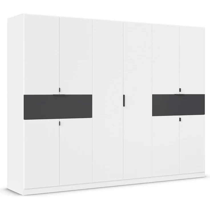 Rauch Möbel Ticao, Drehtürenschrank, Kleiderschrank, Kleiderschränke, Garderobe, Schrank mit Stauraum, 10-türig, 2 Schubladen, Farbe Weiß-Grau metallic, Schwarz, 271 x 210 x 54 cm