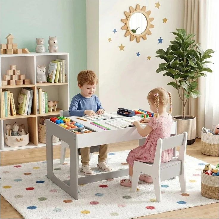 TLGREEN Kindertisch mit 2 Stühlen, Kindersitzgruppe (Kinder Tisch Stuhl Set mit wendbarer Tischplatte, 80 x 48 x 48 cm), Kinderschreibtisch für Schule, Kindertagesstätte, Kinderzimmer – Bild 2
