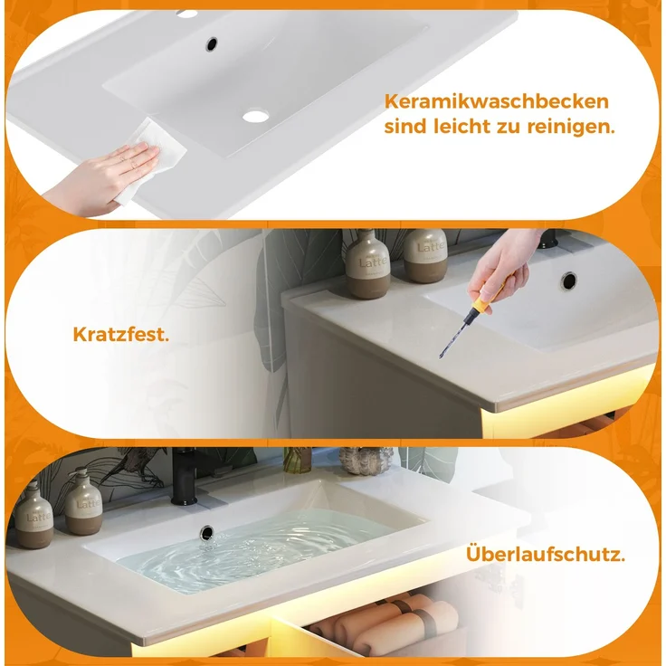 Wandwaschtisch mit Keramikbecken, LED-Radarsensor & Soft-Close, 76x47x57 cm, Weiß – Bild 6