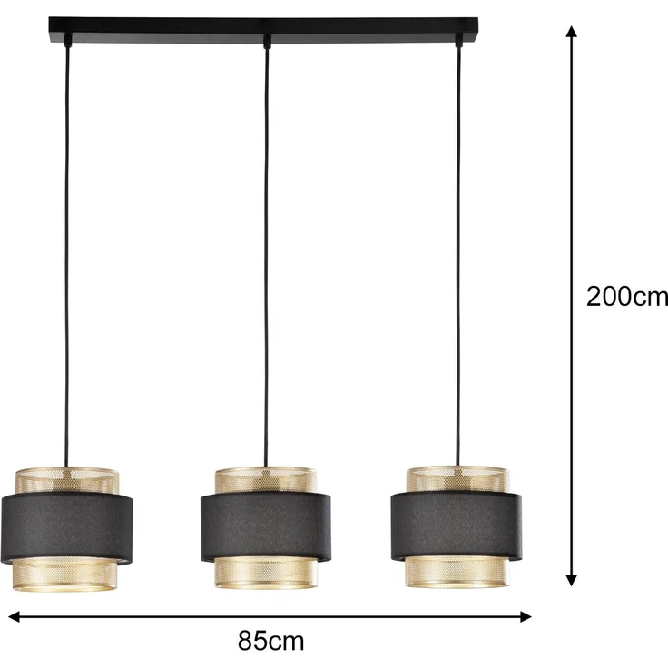 LED Hängelampe 3-flammig, Metall Gold mit Stoffblende Schwarz, Breite 85cm – Bild 4