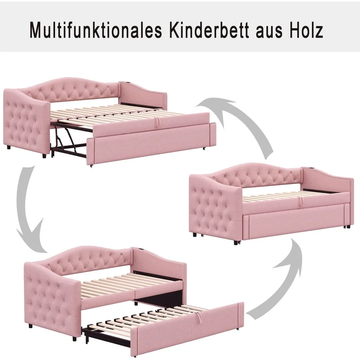 Polsterbett Ausziehbares Schlafsofa, 90*200 cm, Mit USB-Anschluss, Klassische Form mit Knöpfen mit Lattenrost, Multifunktionsbett - Gästebett, Leinenstoff, Grau (Matratze nicht enthalten) – Bild 7