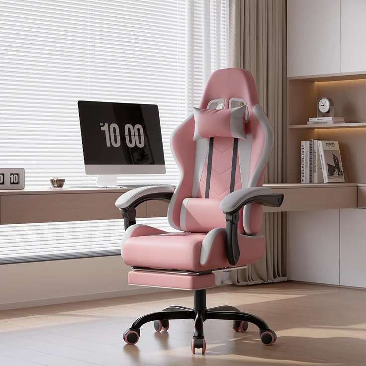 Devoko Massage Gaming Stuhl, Computer Bürostuhl mit Fußstütze, Racing Gamer Stuhl 150kg Belastbarkeit, 90-135° Rückenlehne einstellbar Ergonomischer PC Stuhl, 360° drehbar, Rosa – Bild 10